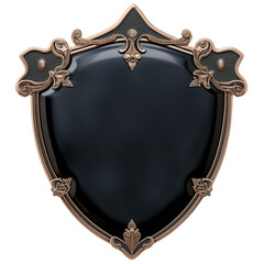 Shield icon. Badge, button, shield-shaped emblem with metal edging and black leather center without background, png - obrazy, fototapety, plakaty