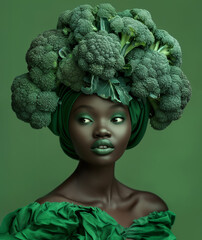 Woman with broccoli headpiece and matching green makeup - 757550811