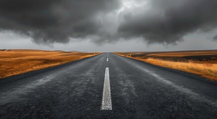 Naklejka premium Stormy Road Journey: Dark Clouds Over Golden Fields