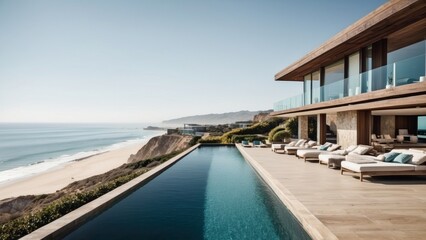 Fototapeta premium Luxurious beachfront residence featuring a private rooftop infinity pool with panoramic views of the Pacific Ocean in Malibu, California