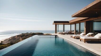 Fototapeta premium Luxurious beachfront residence featuring a private rooftop infinity pool with panoramic views of the Pacific Ocean in Malibu, California