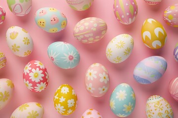 Fototapeta na wymiar Colorful painted decorated easter eggs on pink background