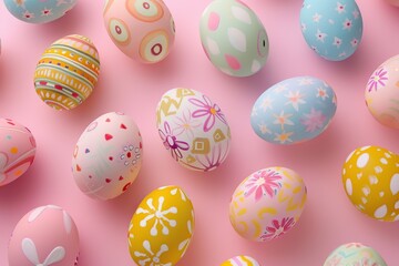Fototapeta na wymiar Colorful painted decorated easter eggs on pink background