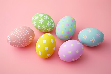 Fototapeta premium Colorful painted decorated easter eggs on pink background