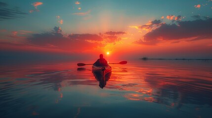 A peaceful sunrise kayaking image, with a single kayak gliding through calm waters, reflecting the soft colors of the dawn sky, symbolizing tranquility and the beauty of early mornings