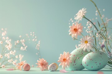 Decorated easter eggs and flowers on blue background