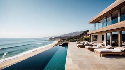 Luxurious beachfront residence featuring a private rooftop infinity pool with panoramic views of the Pacific Ocean in Malibu, California