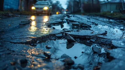 A photograph from the driver perspective showing a car headlights illuminating a severely damaged road surface, with potholes and cracks creating a hazardous driving environment