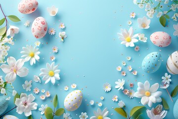 Decorated easter eggs and flowers with copyspace