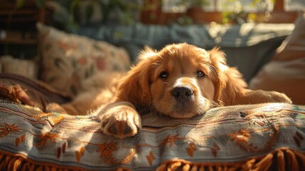 A playful scene of a golden retriever puppy exploring the living room, with its nose curiously sniffing at a slightly ajar treat jar on the lower shelf, surrounded by scattered cushions and a soft  - obrazy, fototapety, plakaty