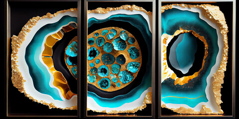 3d wallpaper for wall framing. resin geodes and abstract art and functional art like watercolour geodes painting. Golden, turquoise and black marble background.