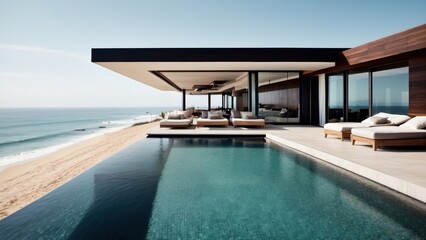 Obraz premium Luxurious beachfront residence featuring a private rooftop infinity pool with panoramic views of the Pacific Ocean in Malibu, California