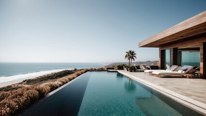 Fototapeta premium Luxurious beachfront residence featuring a private rooftop infinity pool with panoramic views of the Pacific Ocean in Malibu, California