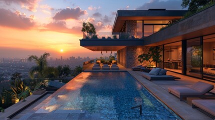 A rooftop pool on a modern urban home, providing a luxurious escape with panoramic city views, equipped with stylish lounge furniture and mood lighting for evening gatherings  - obrazy, fototapety, plakaty