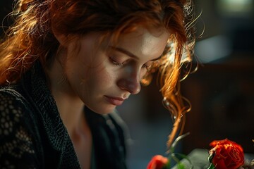 In this poignant image, a grieving woman stands by a coffin at a funeral, her sadness profound as she places a single white rose, capturing a moment of tender goodbye