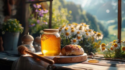 A rustic kitchen scene with a jar of honey, a wooden honey dipper, and freshly baked bread on a table. The window in the background offers a view of the beehives - obrazy, fototapety, plakaty