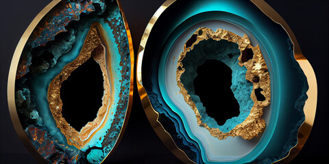 3d wallpaper for wall framing. resin geodes and abstract art and functional art like watercolour geodes painting. Golden, turquoise and black marble background.