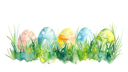 Happy Easter card in light pastel style, watercolor painting with eggs and flowers - 757551863