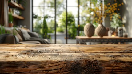 A rustic yet elegant wooden countertop, polished to perfection, offering ample copy space against a softly blurred background of a cozy, well-lit living room, perfect for showcasing home decor  - obrazy, fototapety, plakaty