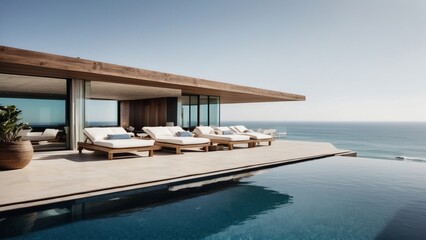 Fototapeta premium Luxurious beachfront residence featuring a private rooftop infinity pool with panoramic views of the Pacific Ocean in Malibu, California