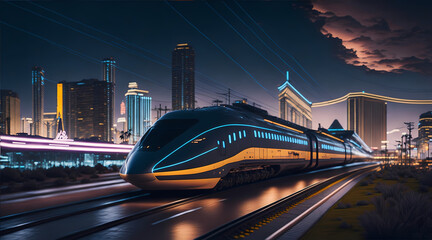  sleek, high-speed bullet train zooming through Las Vegas, blending modern transportation technology with the city's vibrant, iconic landscape and futuristic infrastructure.