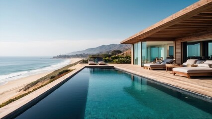 Fototapeta premium Luxurious beachfront residence featuring a private rooftop infinity pool with panoramic views of the Pacific Ocean in Malibu, California