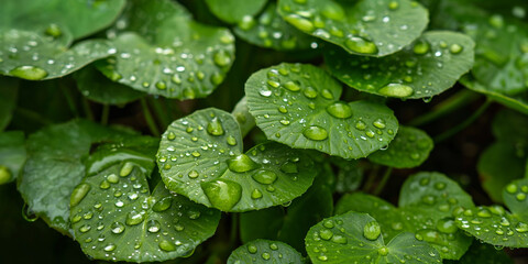 Traditional herbal medicine plant, raindrops on gotu kola leaves. Natural background Centella asiatica succulent fresh leaves, medicinal and cosmetic plant - obrazy, fototapety, plakaty