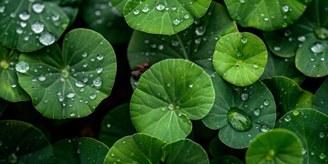 Traditional herbal medicine plant, raindrops on gotu kola leaves. Natural background Centella asiatica succulent fresh leaves, medicinal and cosmetic plant