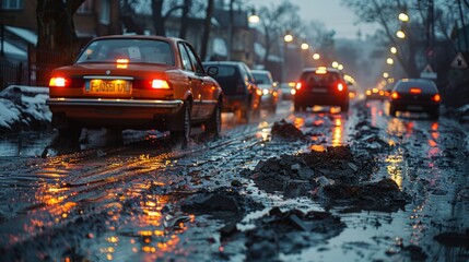 A scene depicting a line of cars slowing down to avoid multiple potholes on a deteriorating city street, with frustrated drivers carefully maneuvering 