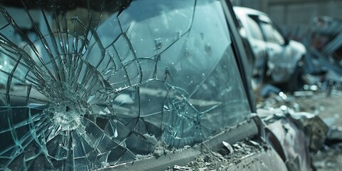Car window was broken by thieves to steal items inside leaving shattered glass on car seats - obrazy, fototapety, plakaty