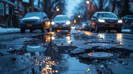 A scene depicting a line of cars slowing down to avoid multiple potholes on a deteriorating city street, with frustrated drivers carefully maneuvering - obrazy, fototapety, plakaty