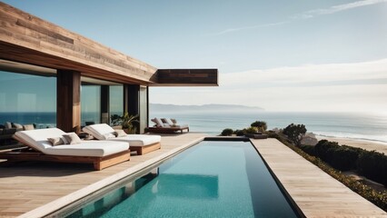 Obraz premium Luxurious beachfront residence featuring a private rooftop infinity pool with panoramic views of the Pacific Ocean in Malibu, California