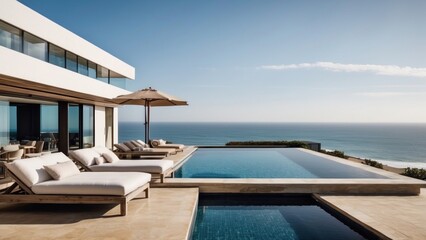 Luxurious beachfront residence featuring a private rooftop infinity pool with panoramic views of the Pacific Ocean in Malibu, California