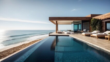 Fototapeta premium Luxurious beachfront residence featuring a private rooftop infinity pool with panoramic views of the Pacific Ocean in Malibu, California
