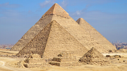 Fototapeta na wymiar Giza Pyramid Complex. Giza Necropolis in Cairo Egypt. Khufu (Cheops or the Great Pyramid), Khafre and Menkaure.
