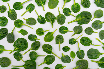 Fresh green baby Spinach leaves, diet and health concept, weight loss, spinach background top view
