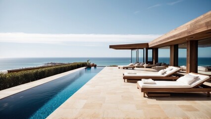 Fototapeta premium Luxurious beachfront residence featuring a private rooftop infinity pool with panoramic views of the Pacific Ocean in Malibu, California