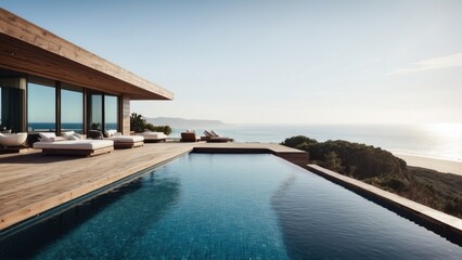 Fototapeta premium Luxurious beachfront residence featuring a private rooftop infinity pool with panoramic views of the Pacific Ocean in Malibu, California