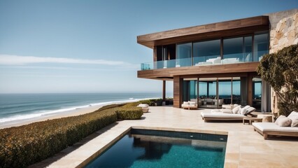 Fototapeta premium Luxurious beachfront residence featuring a private rooftop infinity pool with panoramic views of the Pacific Ocean in Malibu, California