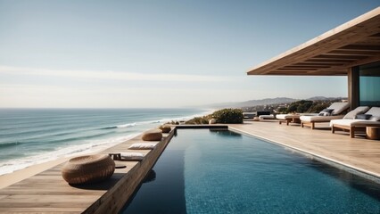 Obraz premium Luxurious beachfront residence featuring a private rooftop infinity pool with panoramic views of the Pacific Ocean in Malibu, California