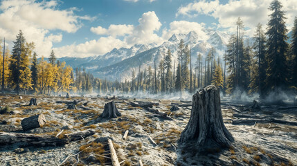 Sunlight filters through mist in a deforested area with snow-capped peaks in the background