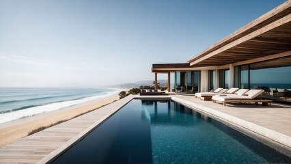 Fototapeta premium Luxurious beachfront residence featuring a private rooftop infinity pool with panoramic views of the Pacific Ocean in Malibu, California