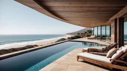 Obraz na płótnie Canvas Luxurious beachfront residence featuring a private rooftop infinity pool with panoramic views of the Pacific Ocean in Malibu, California