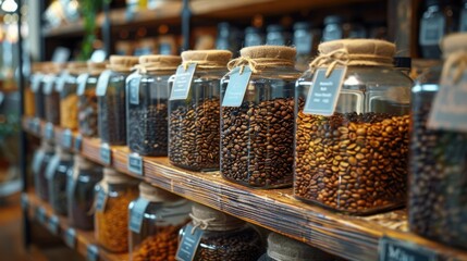 A series of high-quality, artisanal coffee beans and tea leaves packages lined up on a wooden shelf in a local gourmet shop, inviting customers to explore a world of exquisite flavors and aromas