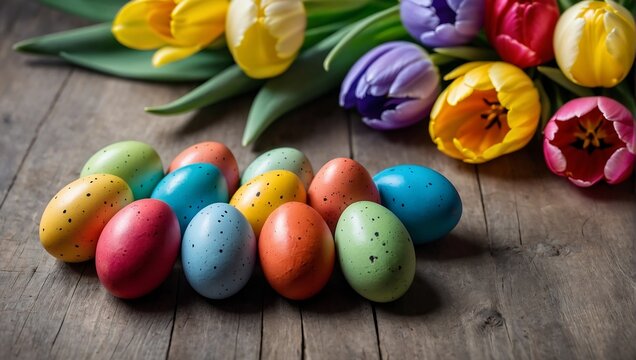 colored and decorated eggs, with tulips, easter image