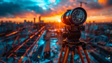 Foto op Aluminium A silhouette of a surveyor telescope against a dramatic sunset at a construction site, symbolizing the end of a productive day. The instrument, critical for accurate measurements and planning © Алексей Василюк