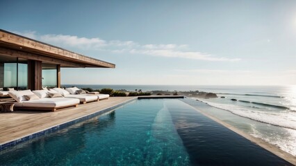 Luxurious beachfront residence featuring a private rooftop infinity pool with panoramic views of the Pacific Ocean in Malibu, California