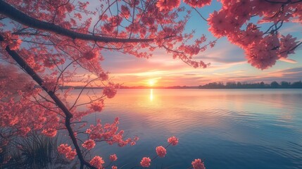 Spring sunset over the lake with blooming cherry blossoms. AI generative.