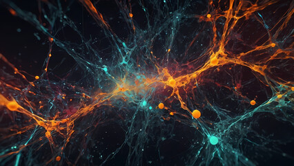 Abstract digital network with glowing connections and nodes representing data flow, communication, and futuristic technology; visualizing AI cyberspace