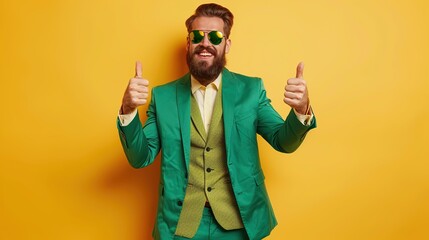 Full body length shot of a happy confident handsome bearded young man in a trendy funky green suit and sunglasses standing on a yellow studio background, smiling and giving thumbs up with both hands